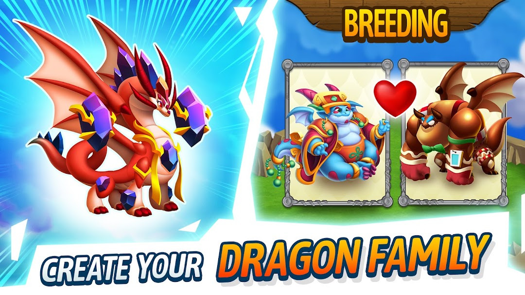 Dragon City: Mobile Adventure screenshot showing a floating city with farms and habitats.
