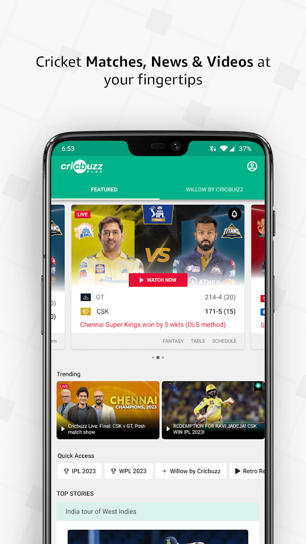 Cricbuzz live match screen showing a real-time scorecard