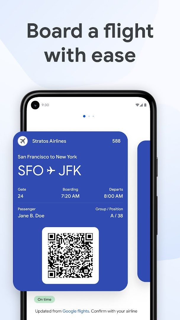 Google Wallet showing a boarding pass with flight details.