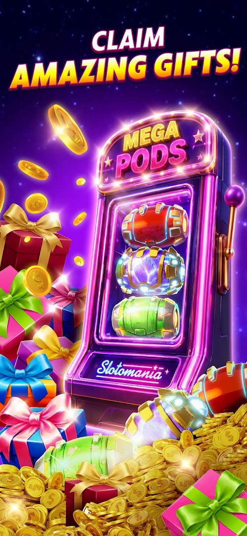 SlotomaniaTM Slots Casino Games screenshot showing a welcome bonus pop-up with free coins and spins
