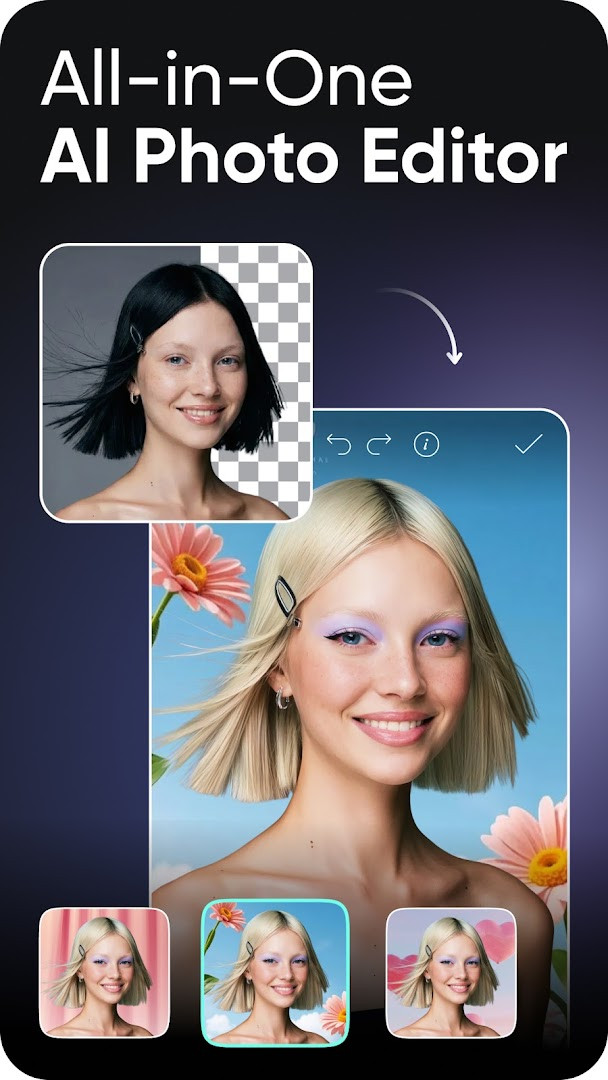 Home screen showing editing tools, templates, and a collage maker grid