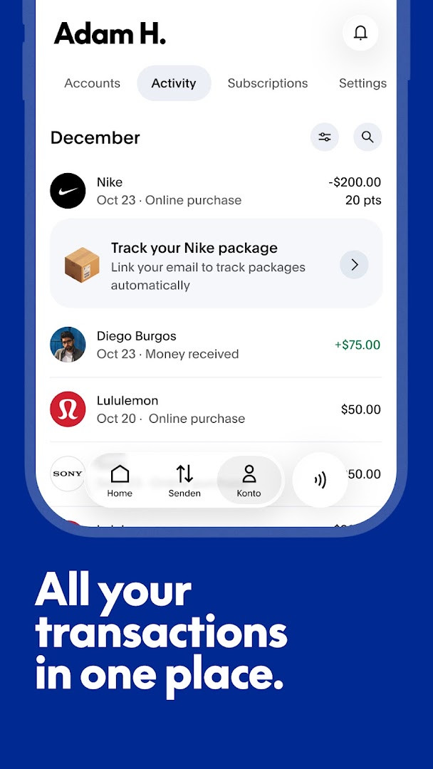 PayPal subscriptions screen listing linked recurring services