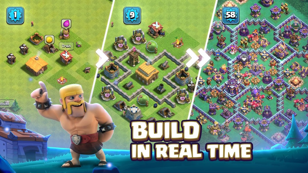 Clash of Clans village building with customizable layout and defensive towers