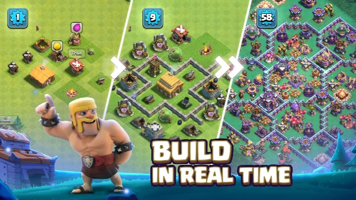Clash of Clans village building with customizable layout and defensive towers