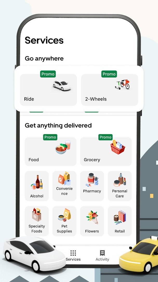 Uber app screen showing ride types such as UberX, Electric, and UberXL
