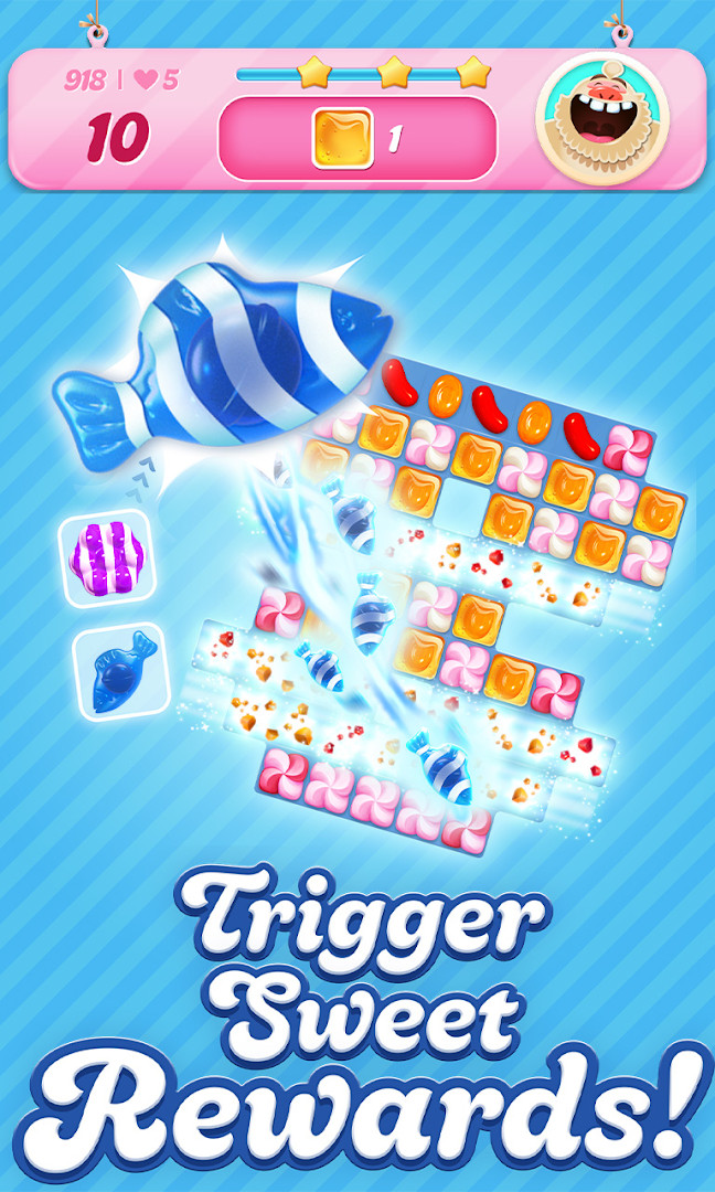 Candy Crush Saga combo in action as matched candies clear in a chain reaction