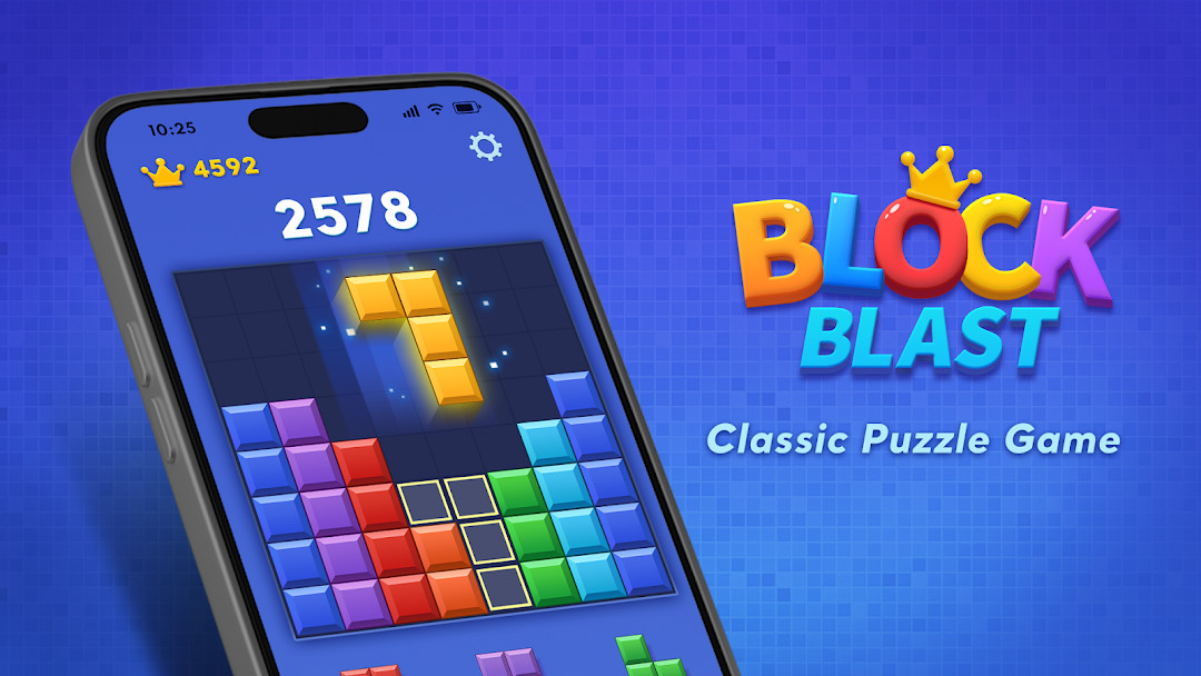 A screenshot showing the main menu of Block Blast! with a play button and daily challenge option.