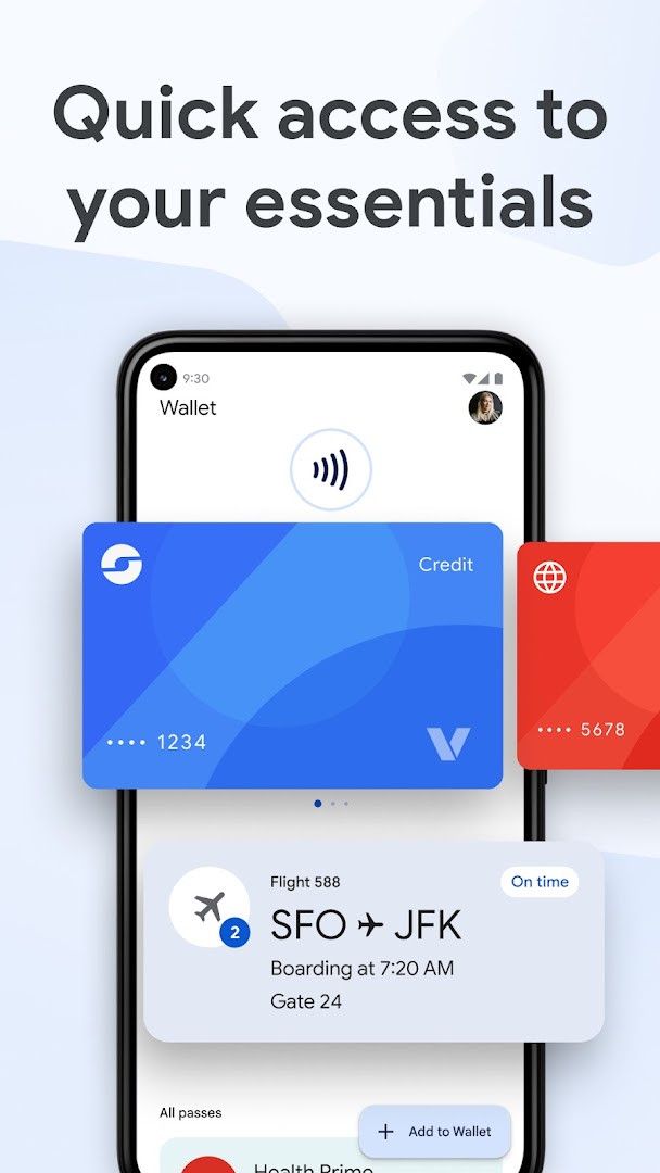 Google Wallet main screen showing payment cards and passes.