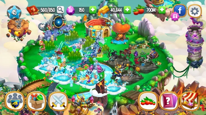 Dragon City: Mobile Adventure screenshot of the Tree of Life and Guardian Dragon Towers in the city.