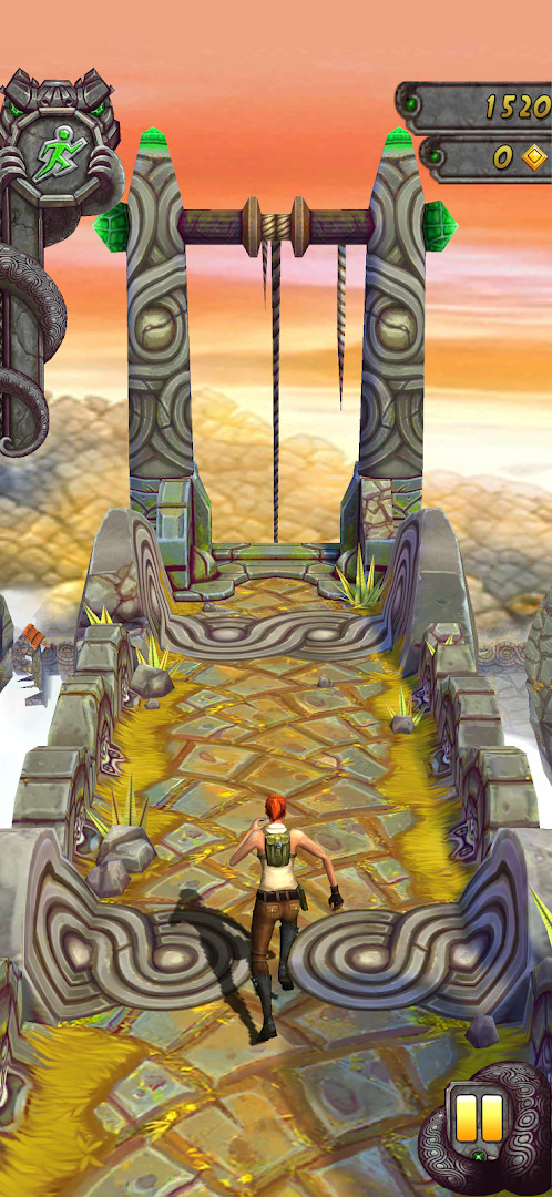 Temple Run 2 character on a mining kart speeding down train tracks