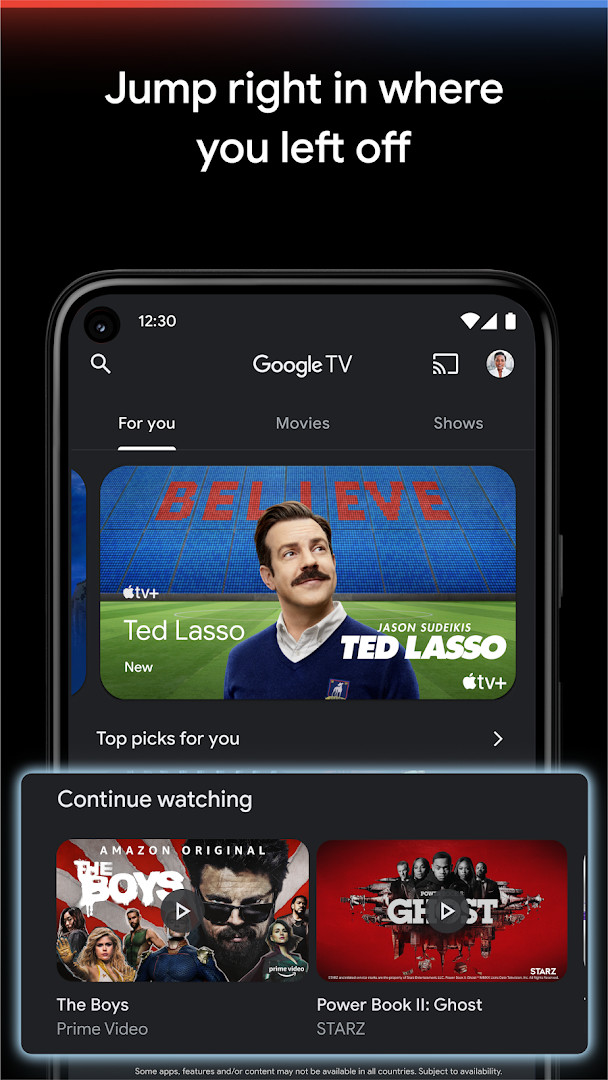 Library view in Google TV listing purchased titles available to download